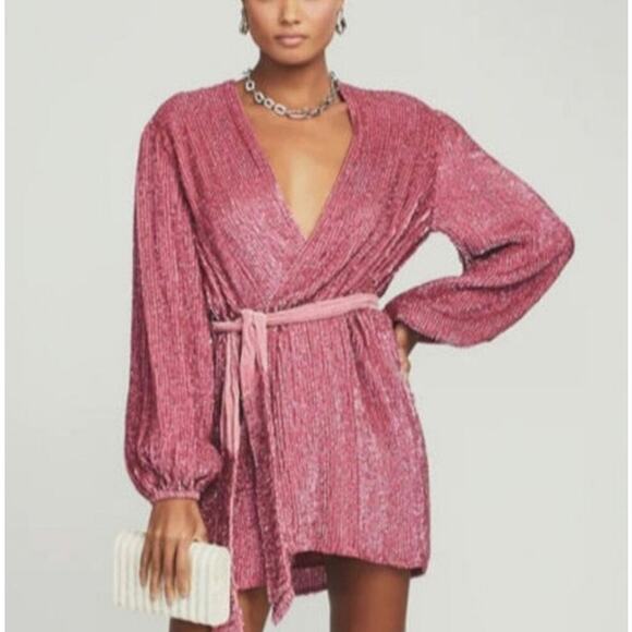 Retrofete Gabrielle Robe Dress Pastel Pink Sequins Size Large NWT Long Sleeve - Picture 1 of 12